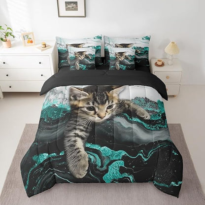 7 Pieces Green Marble Bedding Set Twin Size Marbling Green Turquoise Bed in A Bag for Kids and Adults, Cartoon Cat Bed Set for Boys Girls Teal Stone Mountain Fluid Comforter Sets with Sheets