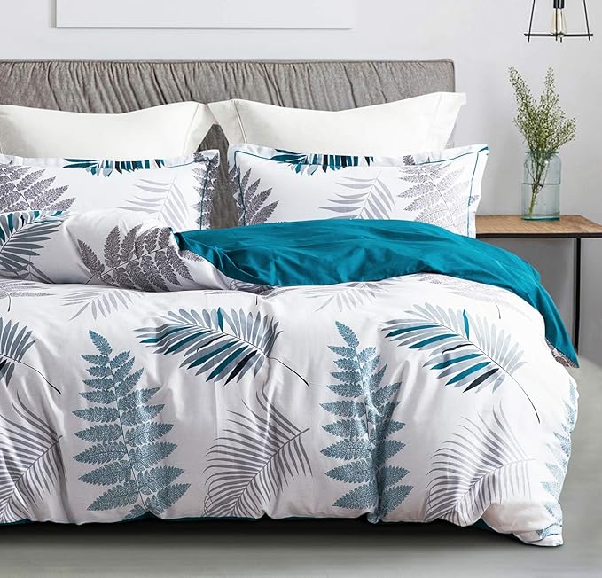 SLEEPBELLA Comforter Twin Size, 600 Thread Count Cotton Blue Floral with Khaki & Grey Leaves Pattern White Reversible Comforter Set,Down Alternative Bedding Set 2Pcs(Twin, Blue Botanical)