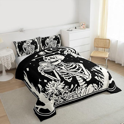 Erosebridal Goth Bedding Set Queen for Home, Spooky Halloween Gothic Skull Comforter Set, Skeleton Drinking Coffee Black Comforter, Sun and Moon Quilt with 2 Pillowcases for Kids Teens Women Men