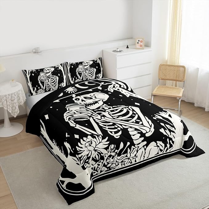 Erosebridal Goth Bedding Set King for Home, Spooky Halloween Gothic Skull Comforter Set, Skeleton Drinking Coffee Black Comforter, Sun and Moon Quilt with 2 Pillowcases for Kids Teens Women Men