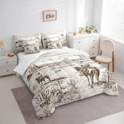 Feelyou Western Decor Comforter Set with Sheets Queen Size Kids West Cowboy Horse 7 Pieces Bedding Set for Boys Girls Teens Rodeo Cowboy Style Bed in a Bag Breathable Grunge Design Bed Set