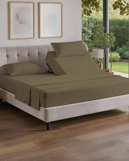 Flex Top Split Head King 4 Piece Sheet Set - Comfy Breathable & Cooling Bed Sheets Set - Hotel Luxury Bedding for Women, Men, Kids, Teens, Boys & Girls - Deep Pockets, Ultra-Soft - Oeko-Tex - Khaki