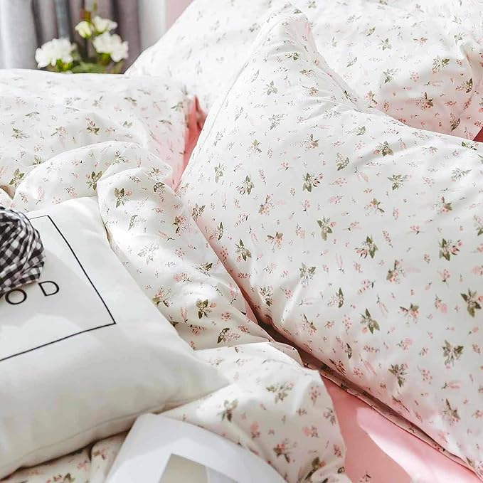 Nanko Pink Floral Comforter Set Twin Size, 2pc White Farmhouse Flowers Leaves Botanical Pattern Microfiber Comforter Set, All Season Soft & Lightweight Reversible Comforter for Women 68"x90"
