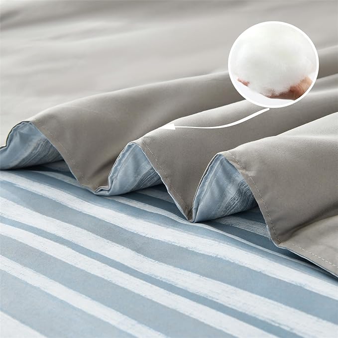 KAKIJUMN 7 Piece Bed in a Bag Stripe Comforter Set King Size, White Grey Blue Patchwork Striped Comforter and Sheet Set, All Season Soft Microfiber Complete Bedding Set(Light Blue,King)