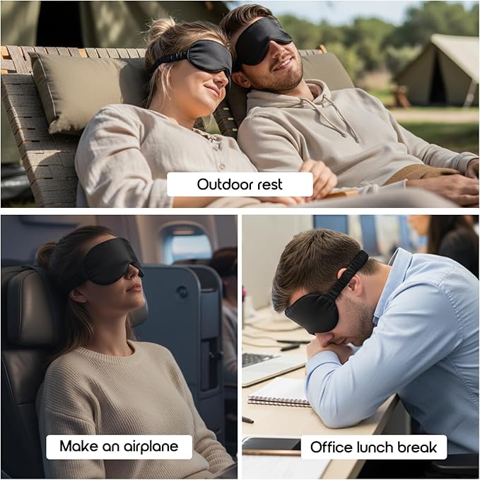 Silk Eye Mask for Sleeping 100% Mulberry Silk Women Men Blindfold,3D Luxury Travel Smooth Elastic Strap Eye Masks Breathable Cooling Soft Night Sleep Work Eyeshade Cover,Black