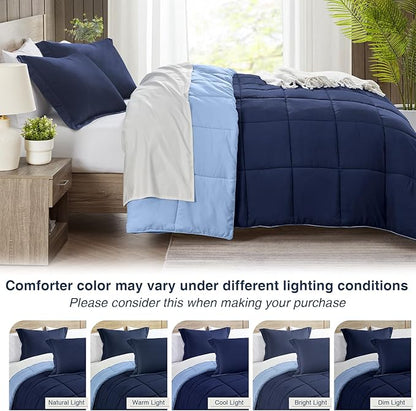 satisomnia King Size Comforter Set, Navy Blue Bedding Comforters King Size, 3 Pieces Down Alternative Bed Comforter Lightweight, Soft Quilted Bed Set Breathable, Reversible All Season Bedding Sets