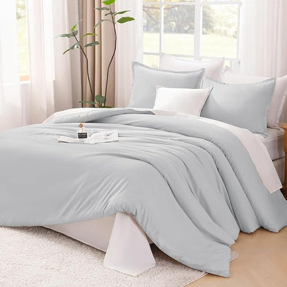 Litanika Oversized King Comforters Light Grey Super King Size, 3 Pieces Lightweight Solid Bedding Comforter Set, All Season Fluffy Bed Set (120x120In Comforter & 2 Pillowcases)