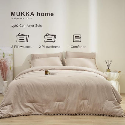 MUKKA Boho Pom Pom Fringe Comforter Set 5-Piece Full Size Khaki, Boho Bedding Comforter Set Taupe with 2 Pillowcases, 2 Pillowshams