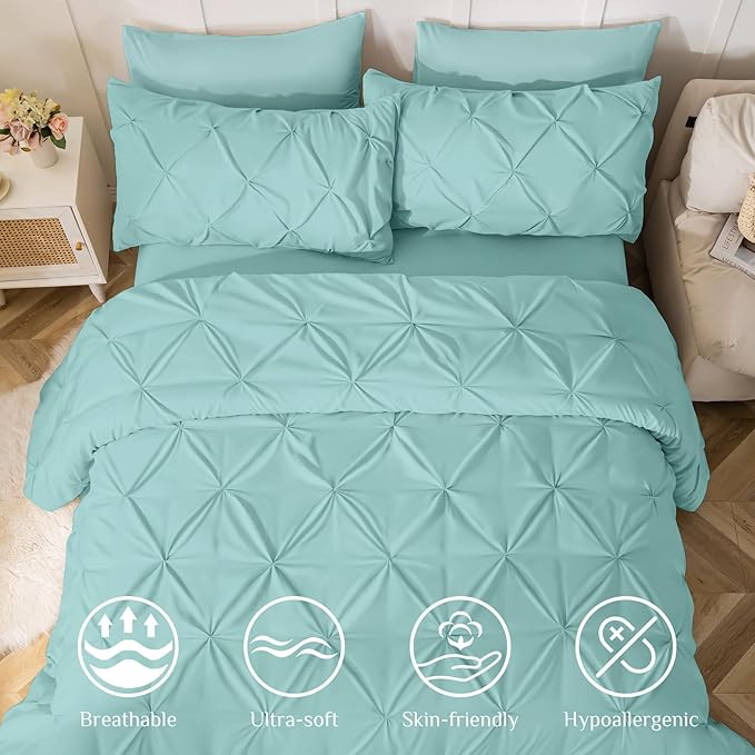 JOLLYVOGUE Full Size Comforter Sets 7 Pieces - Bed in a Bag Full for All Season, Pintuck Bedding Comforter Sets with Comforter, Flat Sheet, Fitted Sheet and Pillowcases & Shams, Lake Blue