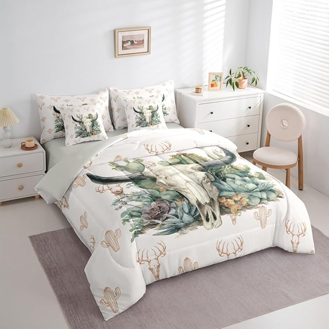 Erosebridal Aztec 7 Piece Bedding Set King Bull Skull Comforter Set with Sheets Western Desert Cactus Succulents Pattern Bed in a Bag Deer Skull Hand Drawn for Teens Men Women