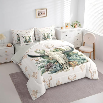 Erosebridal Aztec 7 Piece Bedding Set Full Bull Skull Comforter Set with Sheets Western Desert Cactus Succulents Pattern Bed in a Bag Deer Skull Hand Drawn for Teens Men Women