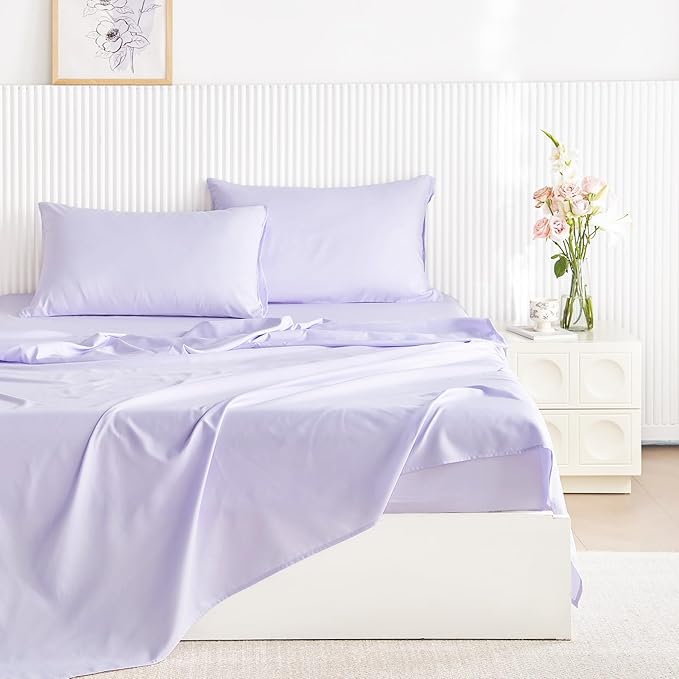 Wake In Cloud - Floral Comforter Set with Sheets, Coquette Cottagecore Aesthetic Flower Shabby Chic Pattern for Women Teen Girls, 7 Pieces Bed in a Bag, White Purple, Queen Size