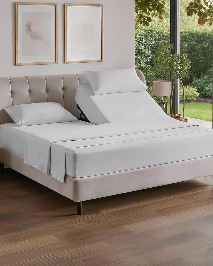 Flex Top Split Head King 4 Piece Sheet Set - Comfy Breathable & Cooling Bed Sheets Set - Hotel Luxury Bedding for Women, Men, Kids, Teens, Boys & Girls - Deep Pockets, Soft - Oeko-Tex - French Grey