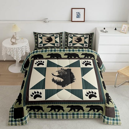 Erosebridal Black Bear Comforter Set Green Grid Bedding Set King Patchwork Geometric Triangle Lattice Quilt Woodland Farm Animals Bear Paw Print Duvet Insert,Moon Lake Farmhouse Decor