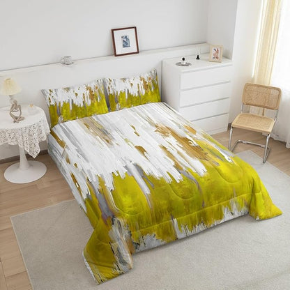 Erosebridal Yellow Bedding Full Gradient Brush Marks Comforter Set, Watercolor Stripe Aesthetic Down Comforter Abstract Ombre Bedding Comforter Sets, Chic Vintage Contemporary Duvet Insert 3pcs
