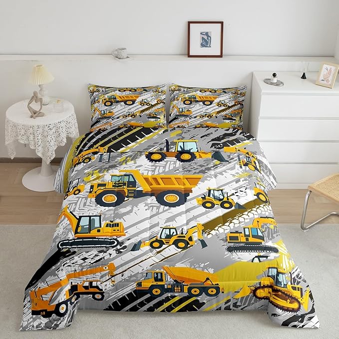 Boys Construction Comforter Set Truck Bedroom Decor for Kids Girls Under Construction Vehicles Down Comforter Nursery Children Cartoon Machinery Truck Excavator Bedding Tractor Cars Duvet Quilt,Twin
