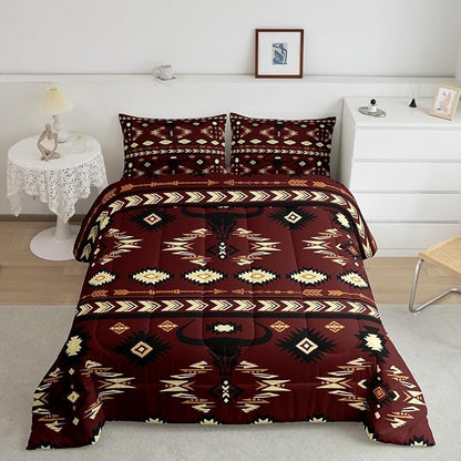 Feelyou Brown Western Aztec Decor Comforter Set Southwestern Full Size Bedding Set Exotic Bull Skull Duvet Quilt Ethnic Tribal Bedroom Decor