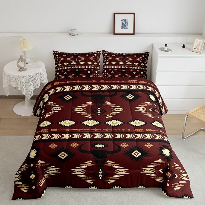 Feelyou Brown Western Aztec Decor Comforter Set Southwestern Twin Size Bedding Set Exotic Bull Skull Duvet Quilt Ethnic Tribal Bedroom Decor