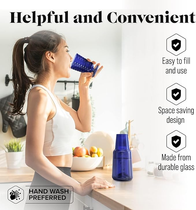 American Atelier 32 oz Bedside Water Carafe Set – 11" Ribbed Glass Pitcher with Footed Cup Lid, Covered Drinking Decanter for Nightstand, Guest Room, Office & Bathroom Accent, Elegant Glassware (Navy)