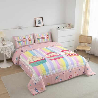 Kawaii Dessert Kids Comforter Set King Size,Watercolor Cute Cupcake Pattern Reversible Bedding Set All Season Quilt Set,Dots Sketch Rainbow Stripes Plaid Soft Warm Polyester Down Comforter