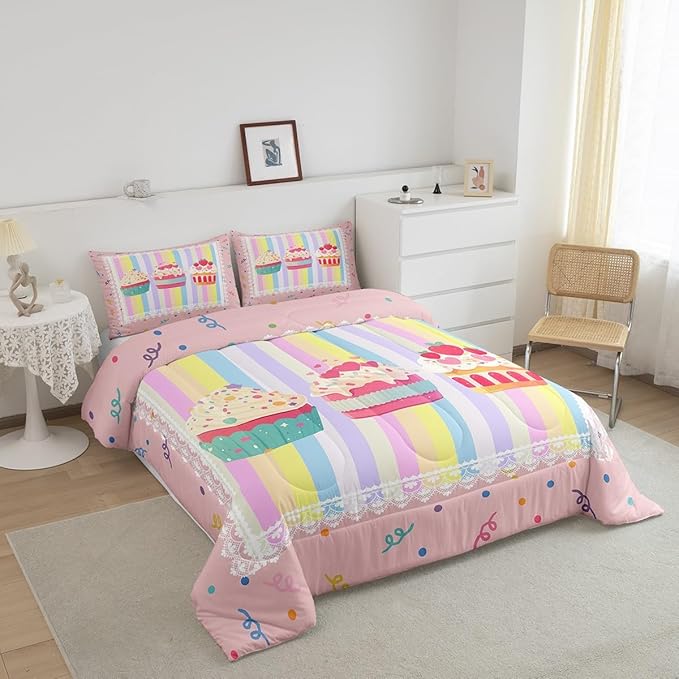 Kawaii Dessert Full Size Comforter Set,Watercolor Cute Cupcake Pattern Reversible Bedding Comforters Bedroom Decor,Dots Sketch Rainbow Stripes Plaid Breathable Polyester Bedding Set