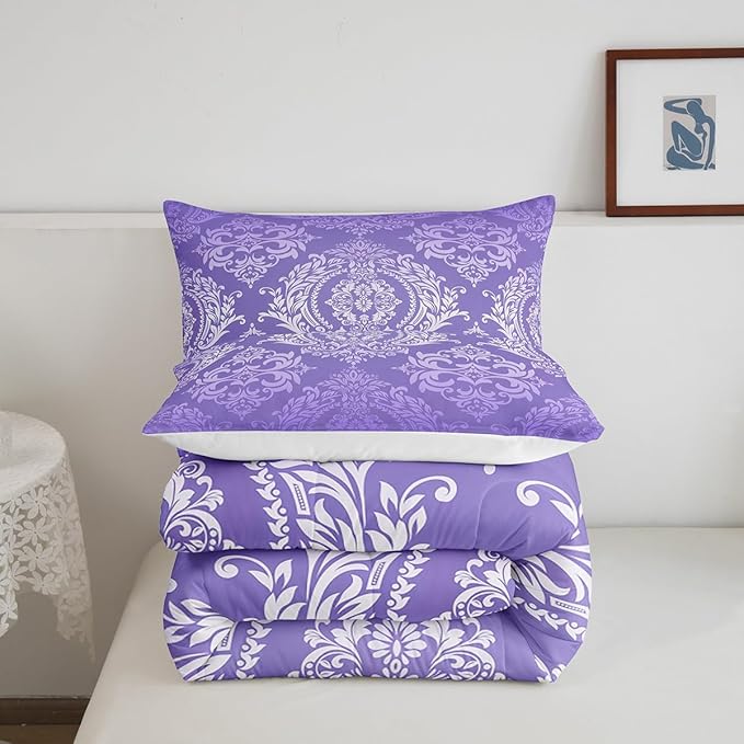 Feelyou Adults Purple Vintage Damask Floral Comforter Set Oriental Antique Comforter Full Size Gothic Bohemia Boho Flower Bedding Set Bohemian Exotic Duvet Set Quilt Set 3Pcs