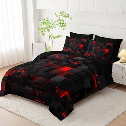 Geometric Red Black Queen Comforter Set,Light Honeycomb Bedding Set 7 Piece in A Bag,Bed Sheet Set Geometry Decor,Microfiber Lightweight All Season