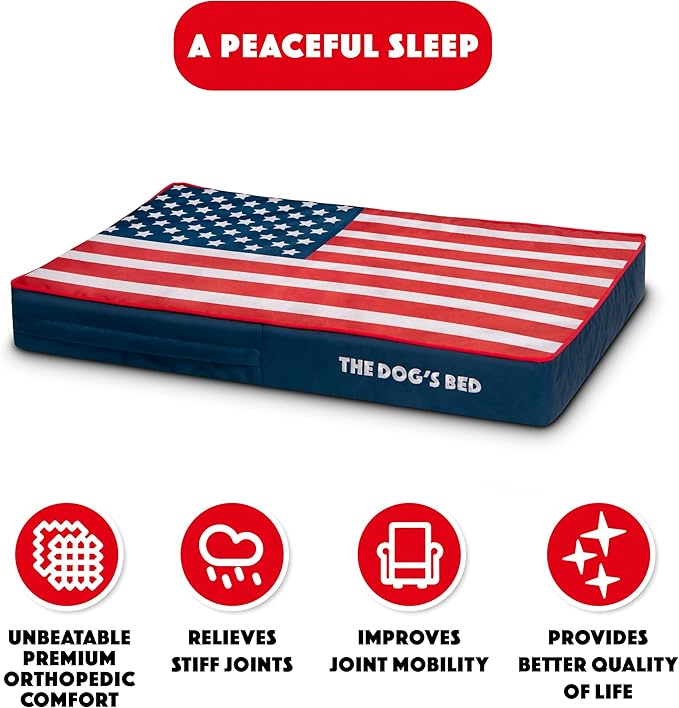 The Dog’s Bed Orthopedic Memory Foam Dog Bed Mattress, Oxford Fabric, Blue & Red Trim USA Center Flag, M, 4-Inch
