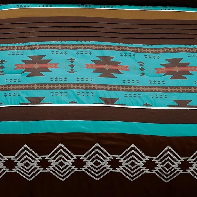 WPM WORLD PRODUCTS MART 3 Piece Western Southwestern Native American Design Comforter Set Multicolor Teal Coffee Brown Embroidered King Size Navajo Bedding Set- Makala (King)