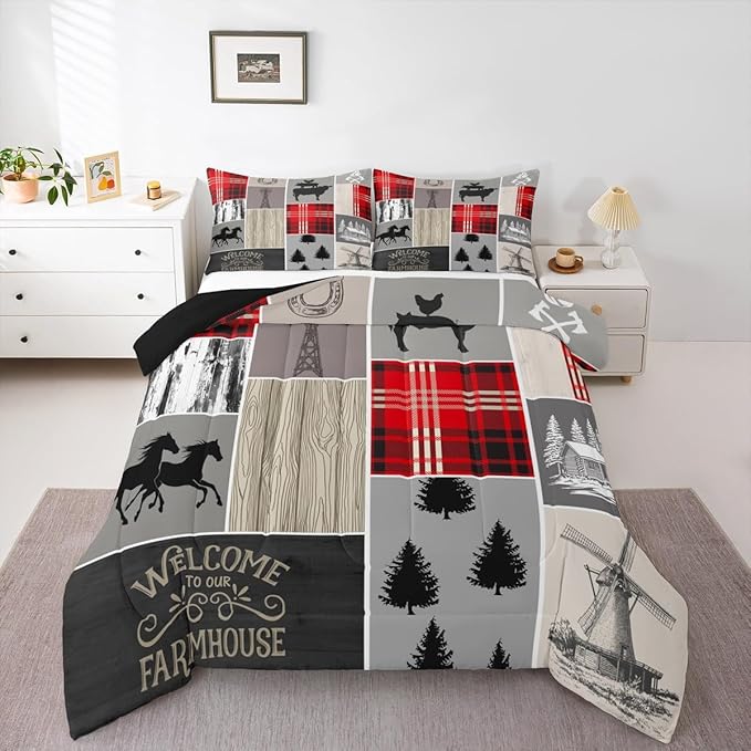 Erosebridal Cabin Rustic Lodge Comforter Set, Horseshoe Horse Quilt Queen Size for Kids Boys Men Bedroom Decor,Country Windmill Down Comforter Retro Farmhouse Grid Patchwork Bedding, 2 Pillow Cases