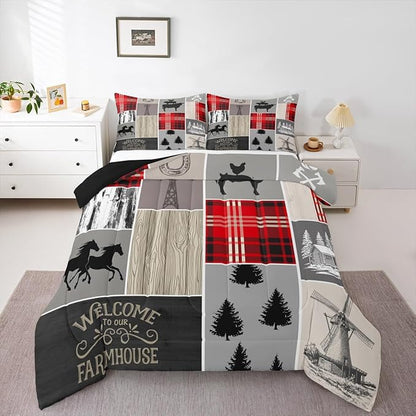 Erosebridal Cabin Rustic Lodge Comforter Set, Horseshoe Horse Quilt King Size for Kids Boys Men Bedroom Decor,Country Windmill Down Comforter Retro Farmhouse Grid Patchwork Bedding, 2 Pillow Cases