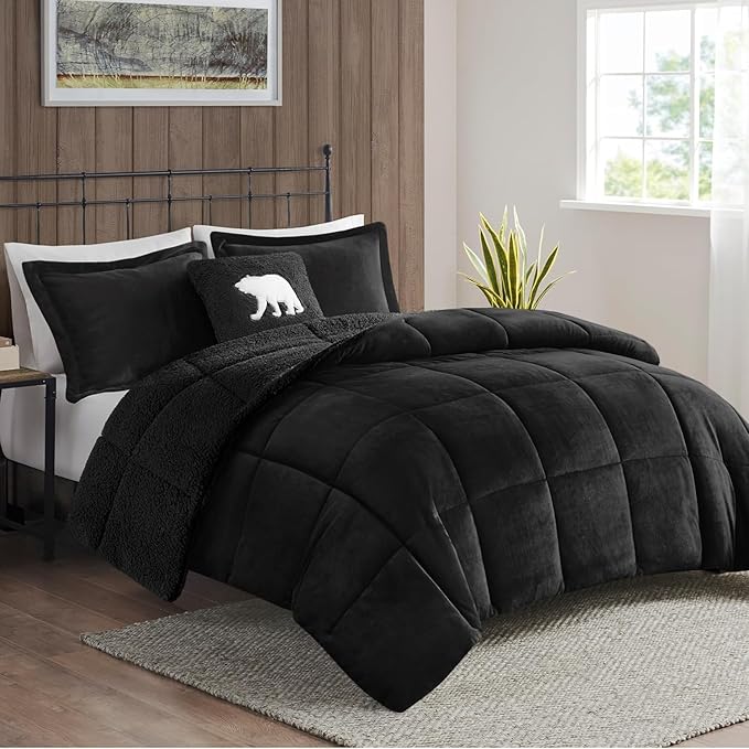 Woolrich Reversible Comforter Set Ultra Soft Plush to Sherpa, Down Alternative, Cold Weather Winter Warm Bedding, with Matching Sham, Decorative Pillow Black/Black King 4 Piece