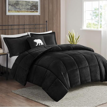 Woolrich Reversible Comforter Set Ultra Soft Plush to Sherpa, Down Alternative, Cold Weather Winter Warm Bedding, with Matching Sham, Decorative Pillow Black/Black King 4 Piece