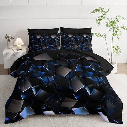 Blue and Black Geometric Comforter Set Queen Size 7PCS,Abstract Triangular Printed Bedding Set for Adults,Geometric Mordern Art Decor All Seasons with Pillowcases,Flat, Fitted Sheet