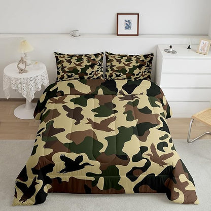 Erosebridal Farmhouse Comforter Set Twin Size Camo Bedding for Kids Army Camouflage Hunting Bedding Comforter Sets Vintage Brown Green Room Decor Wild Animal Duck Rustic Duvet Insert