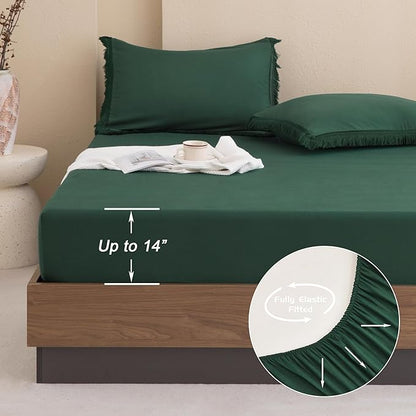 Andency Full Size Comforter Set with Sheets Dark Emerald Green -7 Pieces Bed in a Bag Boho Tassel Bedding Sets, All Season Fringe Bed Set with Comforter, Sheets, Pillowcases & Shams