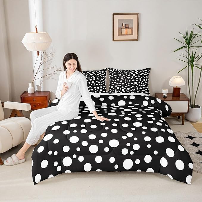 Manfei White Polka Dots Comforter Set King Size,French Style Cute Dots Print Bedding Set 3 Pcs for Adults,Geometric Circles Black White Simple Comforter,2 Pillowcases