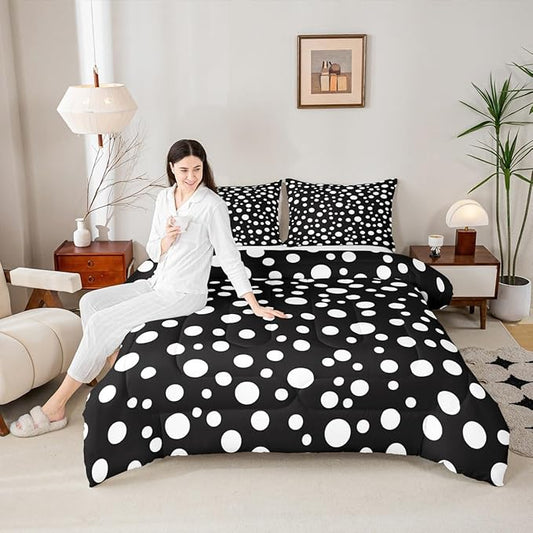 Manfei White Polka Dots Comforter Set King Size,French Style Cute Dots Print Bedding Set 3 Pcs for Adults,Geometric Circles Black White Simple Comforter,2 Pillowcases