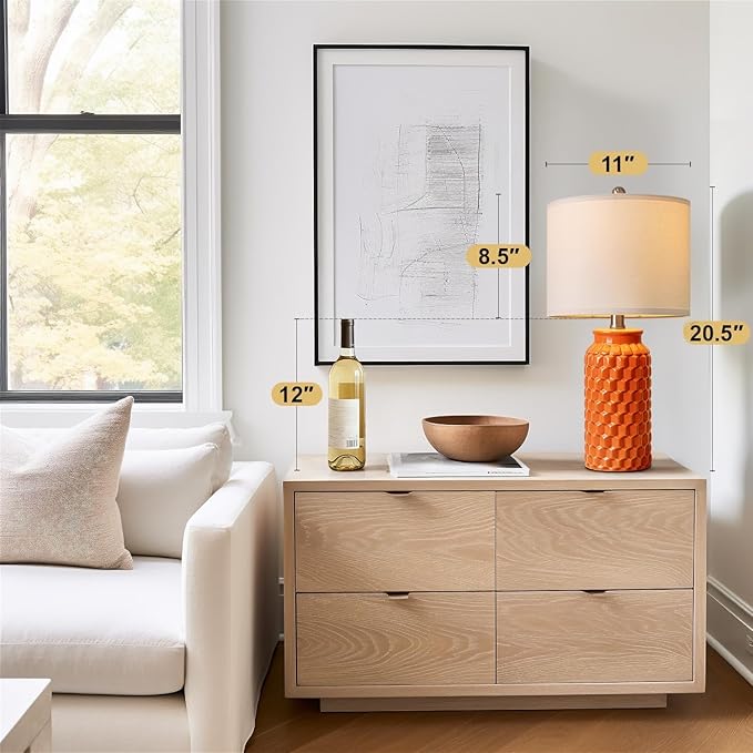 20.5" Ceramic Table Lamps Set of 2, Modern Farmhouse Boho Bedside Lamps for Bedroom, Nightstand Lamps for Living Room End Tables, Small Desk Lamps, Orange