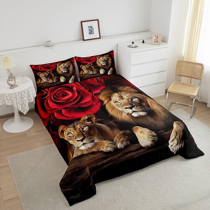 Erosebridal Rose Flower Room Decor Comforter Set, Animal Lion Print Bedding Set for Kids Teen Boys Girls Home Bedroom, Floral Comforter Sets, Modern Style Down Alternative Queen Size