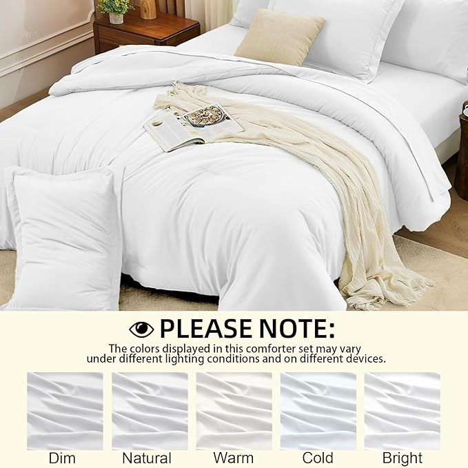 FUANNA King Size Comforter Sets White, 7 Pieces Soft Bedding Set, All Season Lightweight Bed in a Bag with Comforter, Flat Sheet, Fitted Sheet, Pillowcases & Shams