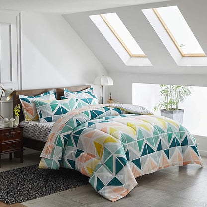 Green Yellow Bed in a Bag 7 Pieces King Size Comforter Sheet Set Triangles Print Microfiber Summer Soft Complete Bedding Set (1 Comforter 2 Pillow Shams 1 Flat Sheet 1 Fitted Sheet 2 Pillowcases)
