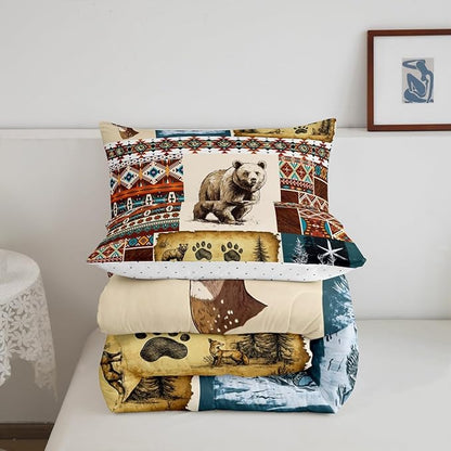 Rustic Cabin Comforter Set Boho Aztec Quilt,Woodland Animals Bear Moose Elk Deer Bedding Sets King,Tribal Geometric Diamond Duvet Insert Vintage Country Cottage Farmhouse Decor