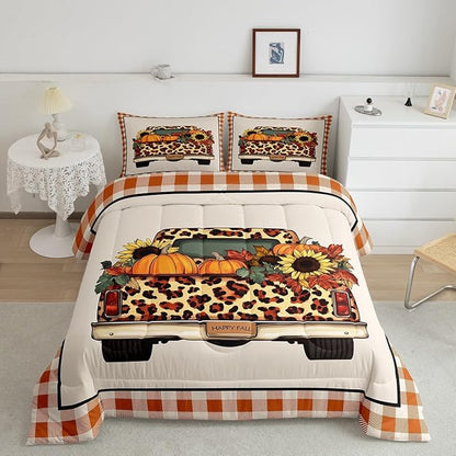 Fall Pumpkin Truck Comforter Set Twin Orange Rustic Farmhouse Buffalo Plaid Bedding Set Thanksgiving Harvest Season Comforter,Autumn Sunflower Maple Leaves Decorations For Home 1 Pillow Case