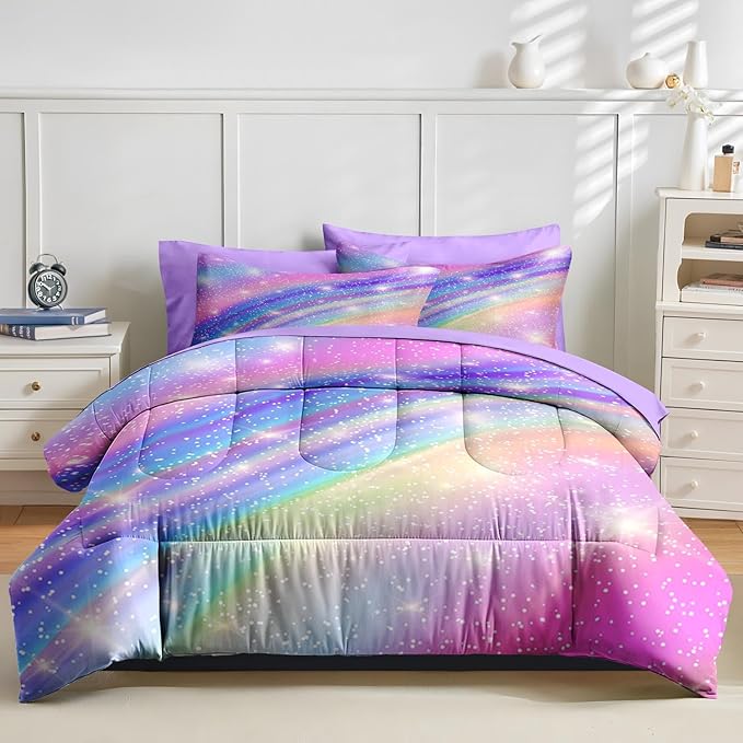Nesker 5 Pcs Comforter Set Twin Size, Pink Gradient Star Colorful Glitter Bedding Set for Kids and Adults, Rainbow Star Galaxy Girls Bed Sheet Sets with Fitted Sheet Pillowcases & Shams