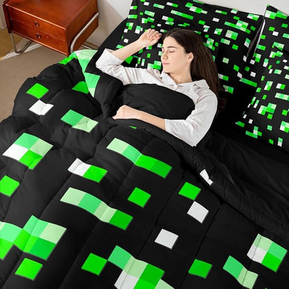 Castle Fairy Green Miner Grid 7 Piece Comforter Set Queen Size,Pixelated Blocks All Season Reversible Bed in a Bag Geometric Square Bedding Sets Pixel Theme Flat Sheet,Fitted Sheet,Pillowcases
