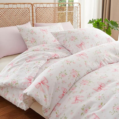 Pink Bow Comforter Set Queen 3Pcs Pink Floral Bedding Set for Girls Kids Cute Romantic Princess Style Bowknot Bedding Ultra Soft Garden Flower Comforter Sets with 2 Pillowcases