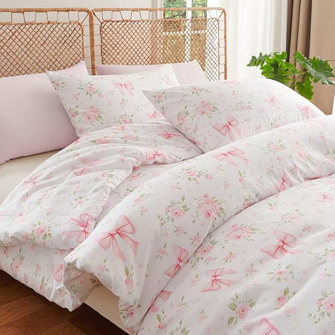 Pink Bow Comforter Set Full 3Pcs Pink Floral Bedding Set for Girls Kids Cute Romantic Princess Style Bowknot Bedding Ultra Soft Garden Flower Comforter Sets with 2 Pillowcases