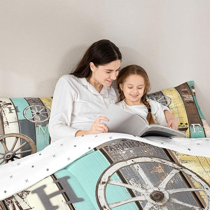 Rustic Farmhouse Cabin Bedding Set Retro Western Barn Wheel Windmill Comforter Set Full,Farm Animal Sunflower Lodge Down Comforter,Pastoral Country Planks Quilt Duvet Insert Yellow Teal Brown 3 Pcs