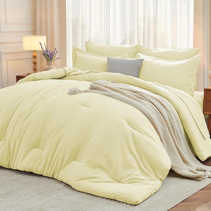MUXHOMO 5 Pieces Twin XL Comforter Set, Soft Bed in a Bag Twin XL Size, All Season Bedding Set with Comforter, Flat Sheet, Fitted Sheet, Pillowcases & Shams, Cream Yellow